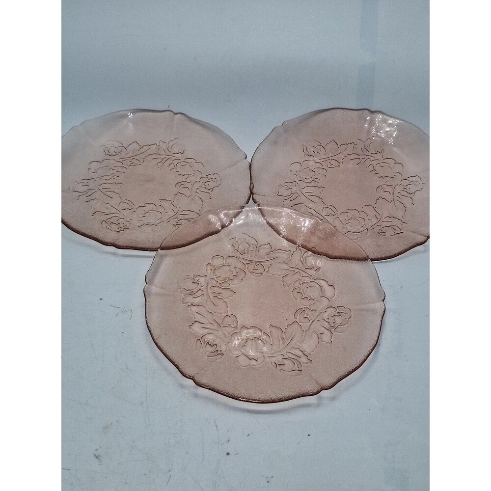 Set Of 3 Vtg Arcoroc France Rosaline Floral Pink Glass Salad Plates